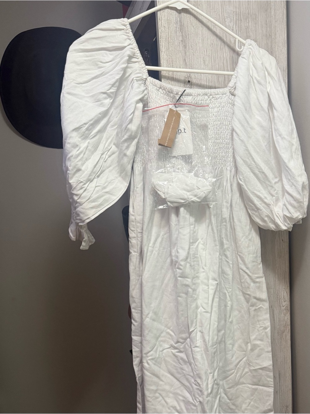 White Puff-Sleeve Smocked Midi Dress